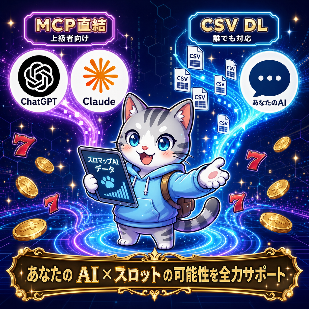 サガすちゃんがスロマップAIデータを左にMCP直結（ChatGPT・Claude公式アイコン）と右にCSV DL（あなたのAI）の2方向で配信し、『あなたのAI×スロットの可能性』を全力サポートする様子