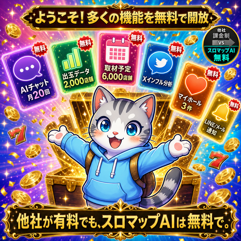サガすちゃんが宝箱から多くの機能（AIチャット/出玉データ/取材予定/Xインフル分析/マイホール/通知）を無料で開放する歓迎ジェスチャー。他社が課金制でもスロマップAIは無料で。