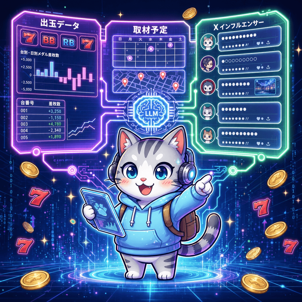 サガすちゃんがエンジニアとしてホログラム設計図でスロット×AIシステムを構築する様子